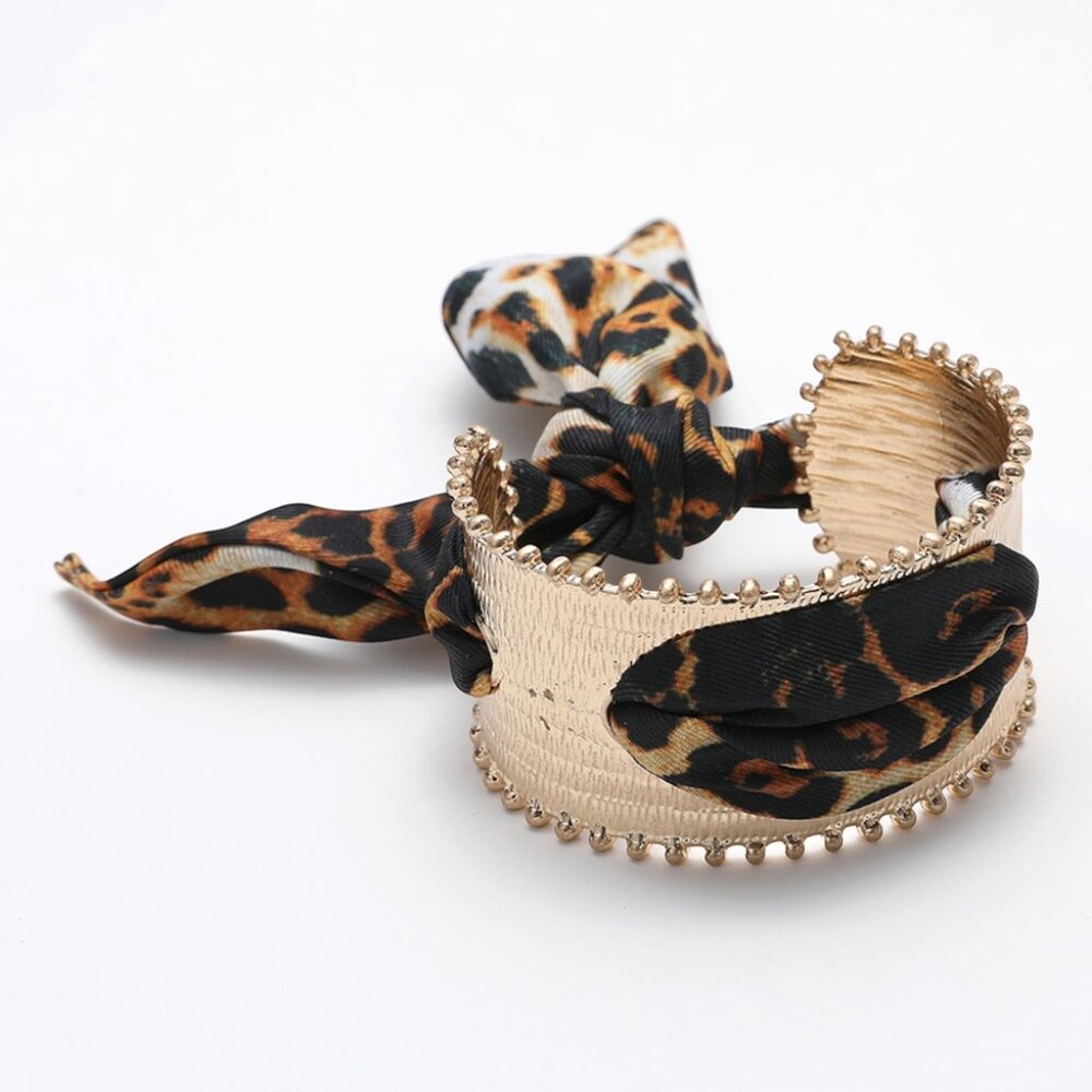 Gold Cuff Bracelet with Leopard Print Scarf Accent
